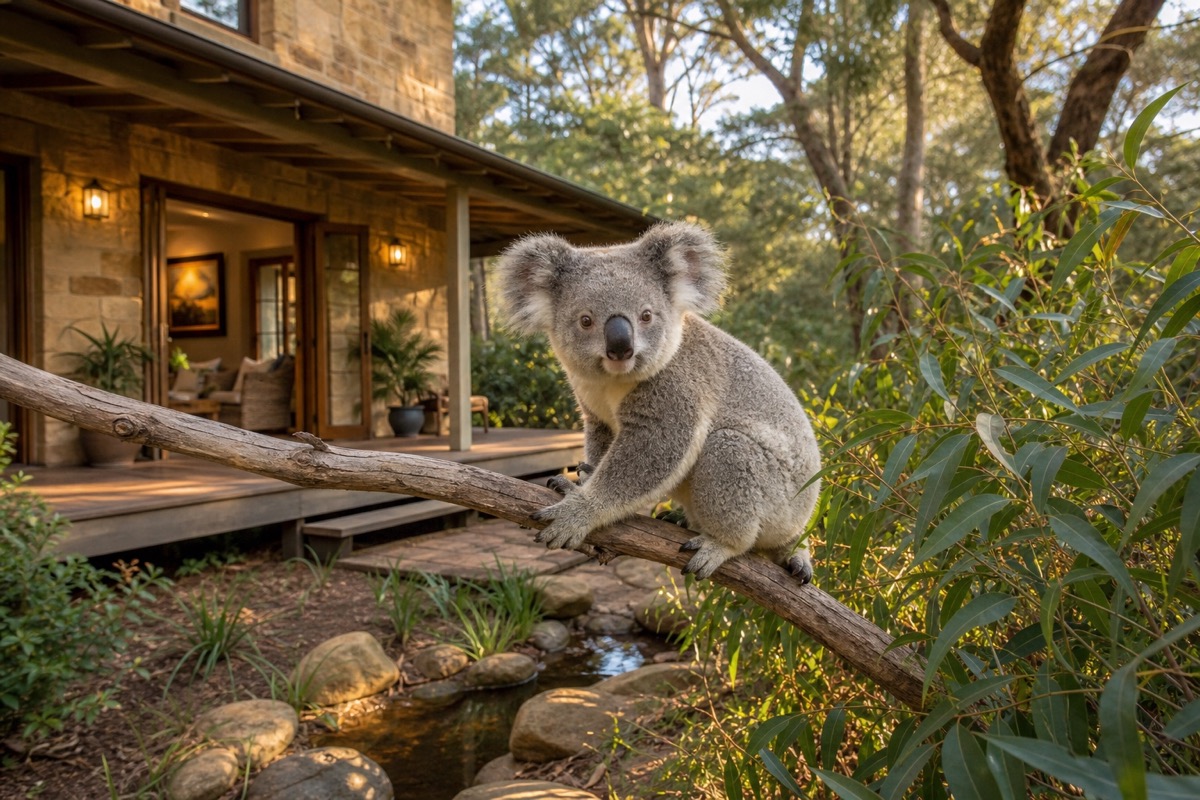A koala resting among eucalyptus leaves