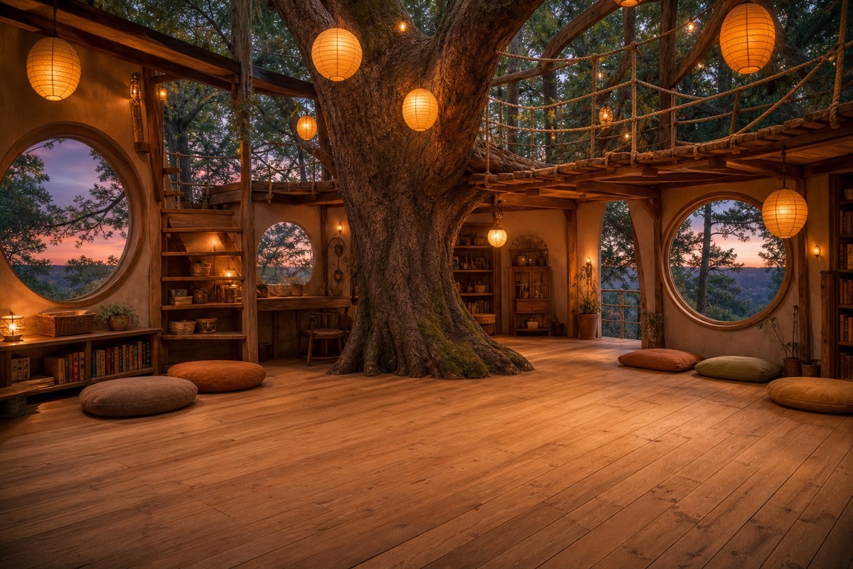 A warmly lit treehouse in a forest