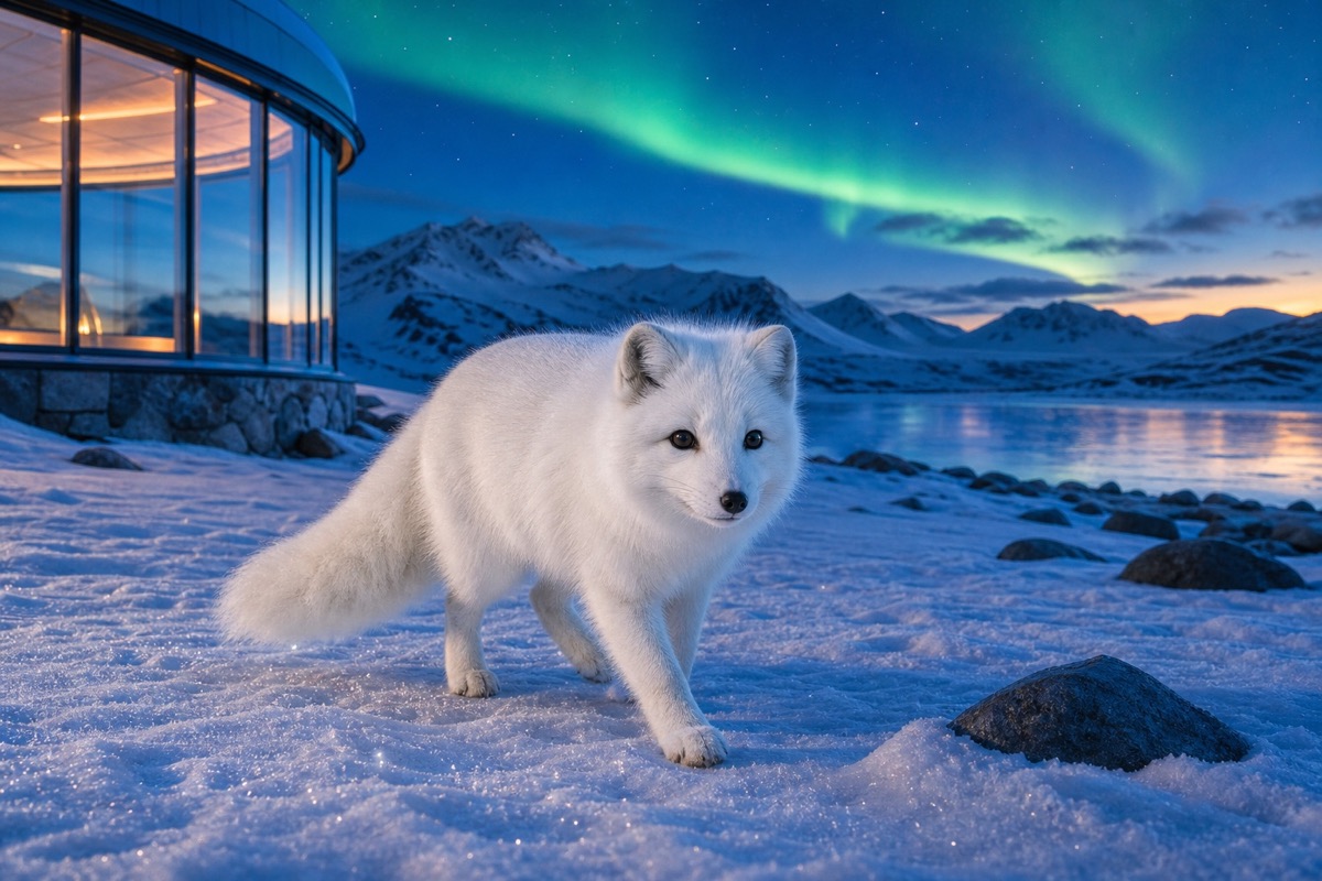 An arctic fox in a glowing snowy landscape