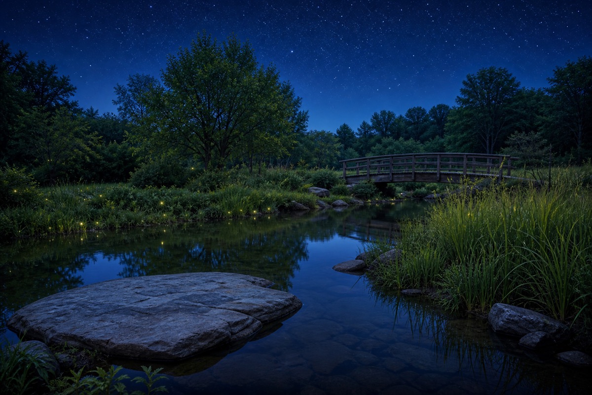 A peaceful pond beneath a starry sky